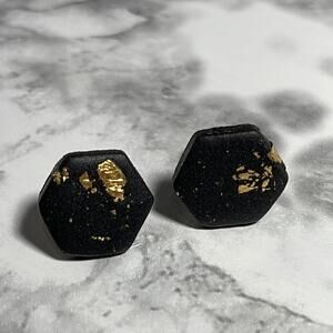 Handcrafted Hexagon Black & Gold Flaked Hypoallergenic Stud Earrings NWOT